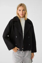 Cropped Jacket Wool-Blend Cream Women's Double-Breasted Wide Lapel – Casual, Office, Holiday, Gift