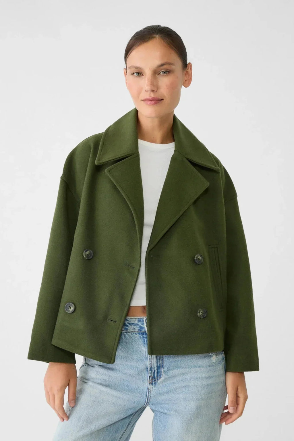Cropped Jacket Wool-Blend Cream Women's Double-Breasted Wide Lapel – Casual, Office, Holiday, Gift