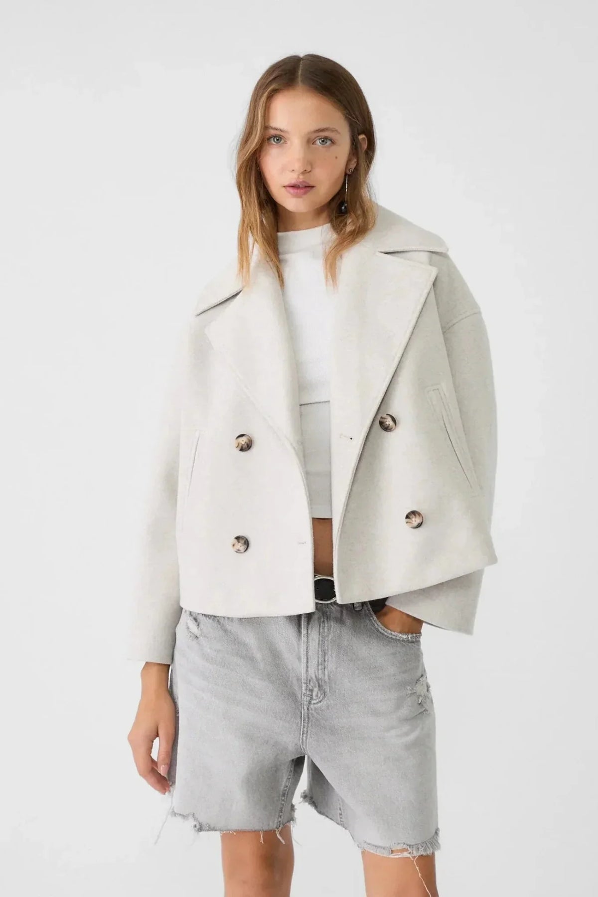 Cropped Jacket Wool-Blend Cream Women's Double-Breasted Wide Lapel – Casual, Office, Holiday, Gift