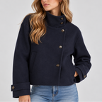 Cropped Jacket Wool-Blend High Neck Women's Beige Button-Front Coat – Casual, Office, Holiday, Gift