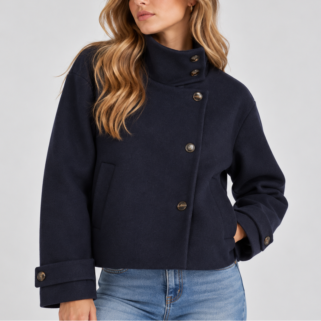 Cropped Jacket Wool-Blend High Neck Women's Beige Button-Front Coat – Casual, Office, Holiday, Gift
