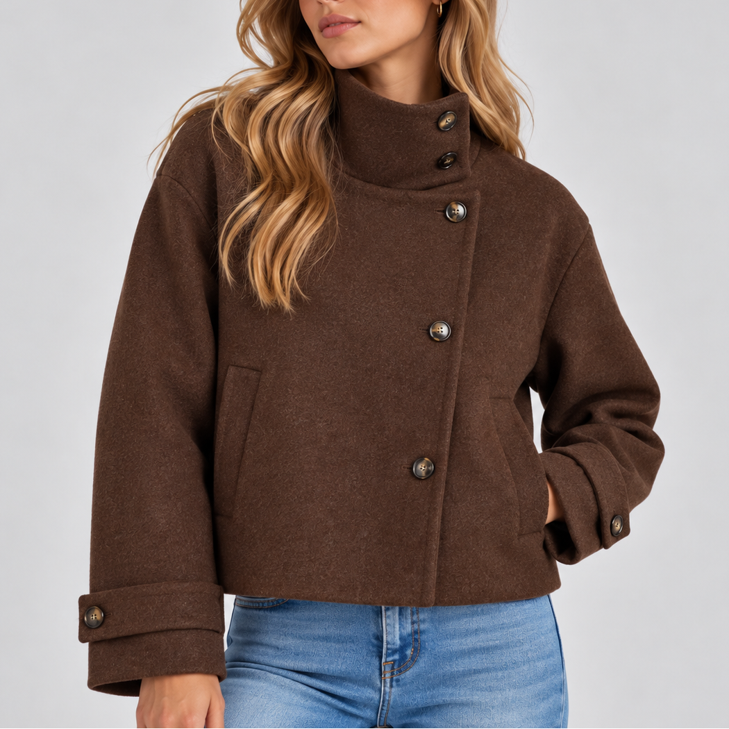 Cropped Jacket Wool-Blend High Neck Women's Beige Button-Front Coat – Casual, Office, Holiday, Gift