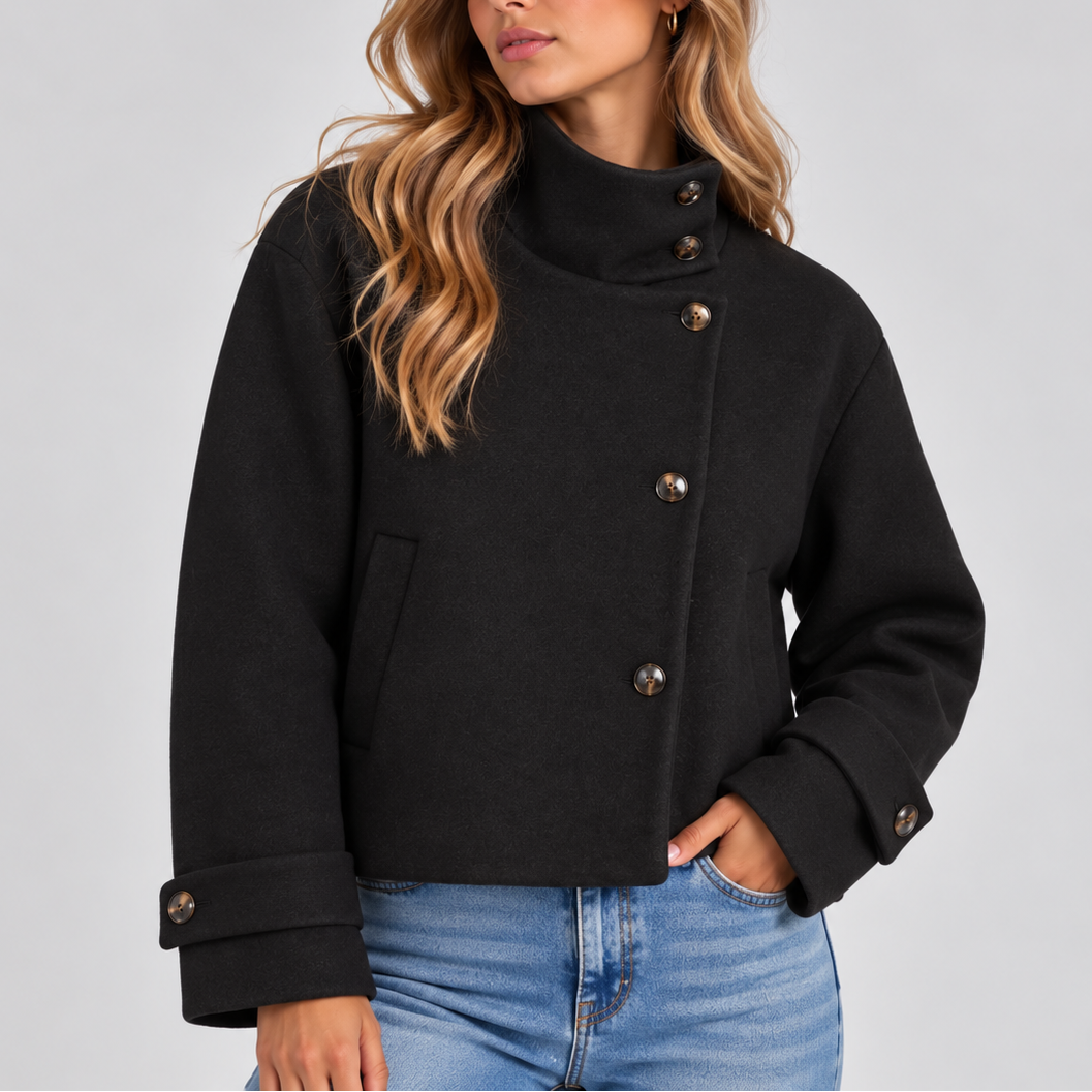 Cropped Jacket Wool-Blend High Neck Women's Beige Button-Front Coat – Casual, Office, Holiday, Gift