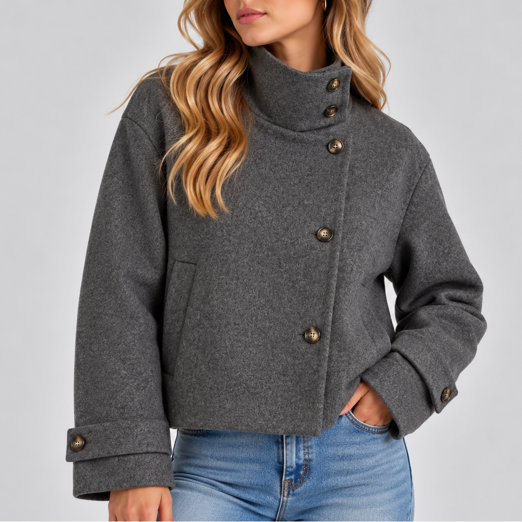 Cropped Jacket Wool-Blend High Neck Women's Beige Button-Front Coat – Casual, Office, Holiday, Gift