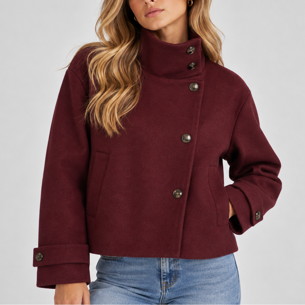 Cropped Jacket Wool-Blend High Neck Women's Beige Button-Front Coat – Casual, Office, Holiday, Gift