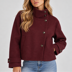 Cropped Jacket Wool-Blend High Neck Women's Beige Button-Front Coat – Casual, Office, Holiday, Gift