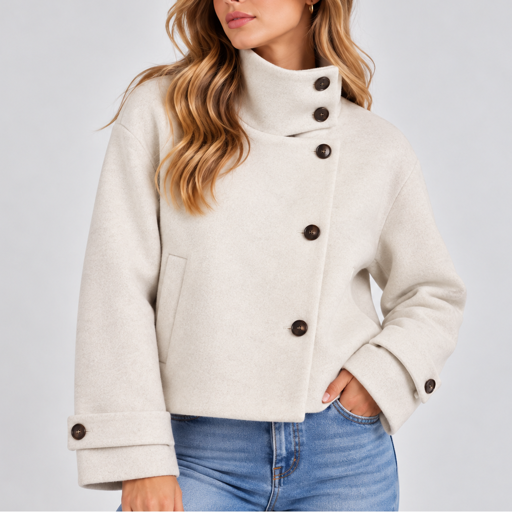 Cropped Jacket Wool-Blend High Neck Women's Beige Button-Front Coat – Casual, Office, Holiday, Gift