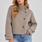 Cropped Jacket Wool-Blend High Neck Women's Beige Button-Front Coat – Casual, Office, Holiday, Gift
