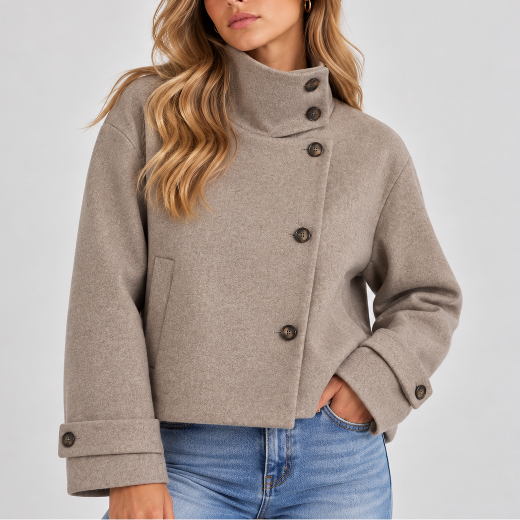 Cropped Jacket Wool-Blend High Neck Women's Beige Button-Front Coat – Casual, Office, Holiday, Gift