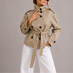 Cropped Trench Coat Beige Double-Breasted Women's Belted Jacket – Casual, Office, Holiday, Gift