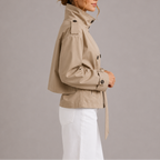 Cropped Trench Coat Beige Double-Breasted Women's Belted Jacket – Casual, Office, Holiday, Gift