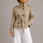 Cropped Trench Coat Beige Double-Breasted Women's Belted Jacket – Casual, Office, Holiday, Gift