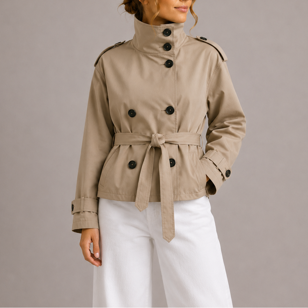 Cropped Trench Coat Beige Double-Breasted Women's Belted Jacket – Casual, Office, Holiday, Gift