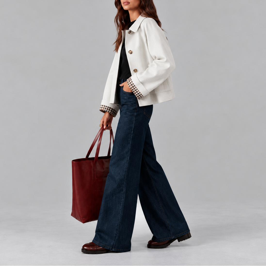 Cropped Trench Jacket Women's Cotton Plaid-Lined Button-Up – Casual, Office, Holiday