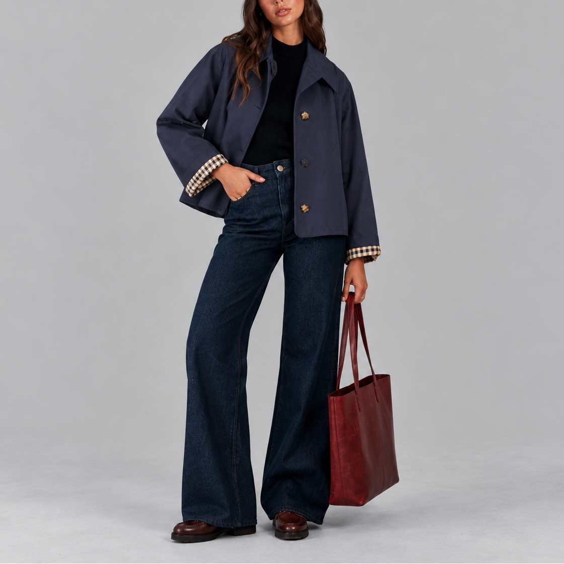 Cropped Trench Jacket Women's Cotton Plaid-Lined Button-Up – Casual, Office, Holiday