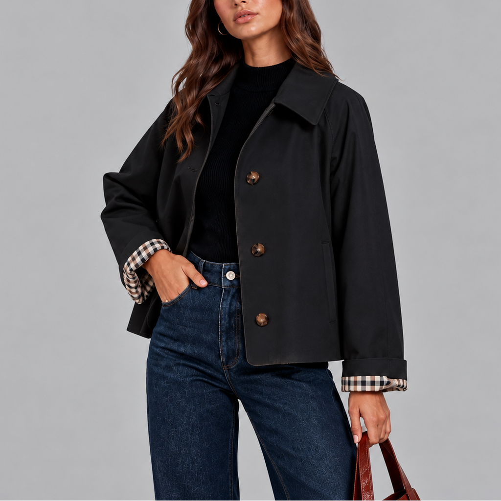 Cropped Trench Jacket Women's Cotton Plaid-Lined Button-Up – Casual, Office, Holiday