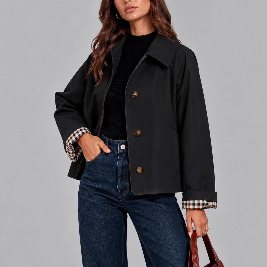 Cropped Trench Jacket Women's Cotton Plaid-Lined Button-Up – Casual, Office, Holiday
