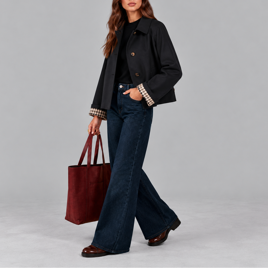 Cropped Trench Jacket Women's Cotton Plaid-Lined Button-Up – Casual, Office, Holiday
