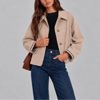 Cropped Trench Jacket Women's Cotton Plaid-Lined Button-Up – Casual, Office, Holiday