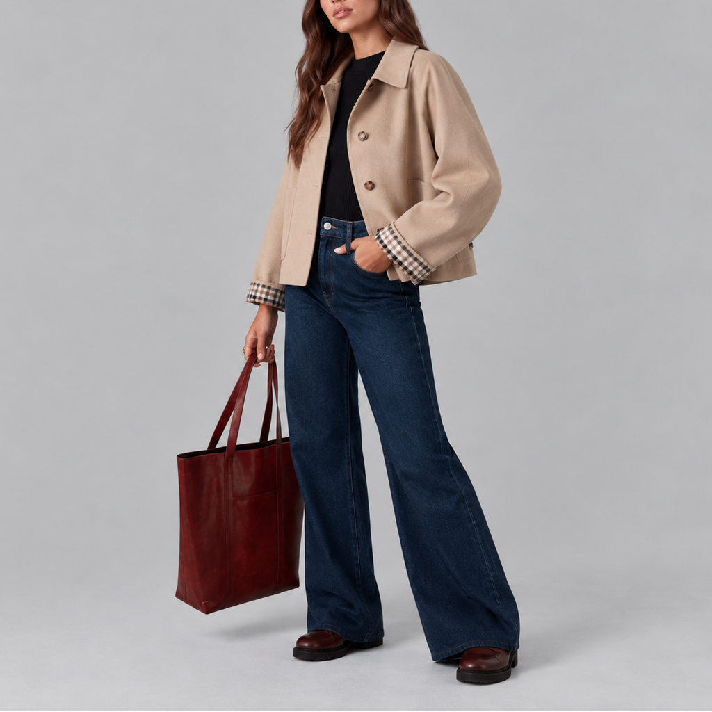 Cropped Trench Jacket Women's Cotton Plaid-Lined Button-Up – Casual, Office, Holiday
