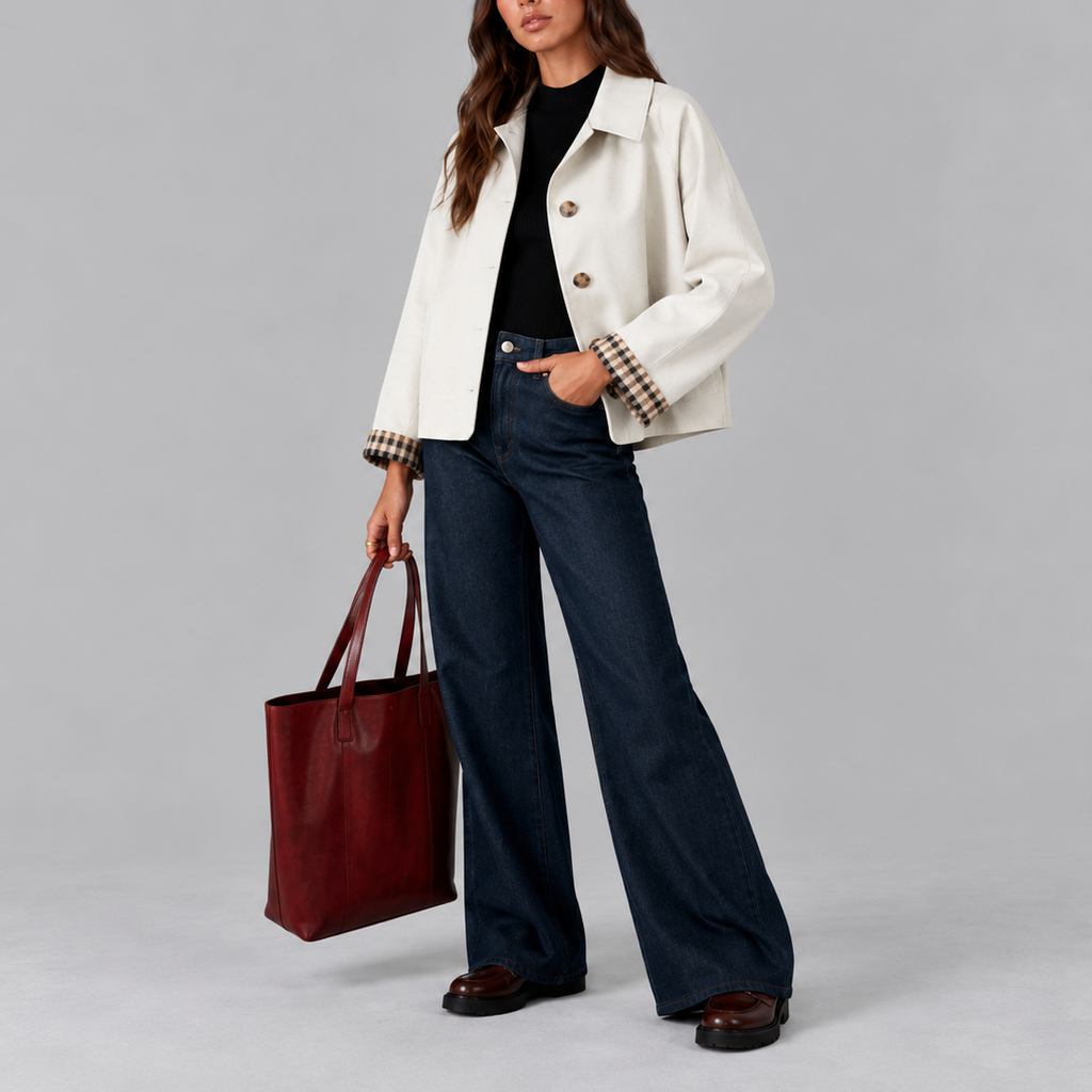 Cropped Trench Jacket Women's Cotton Plaid-Lined Button-Up – Casual, Office, Holiday