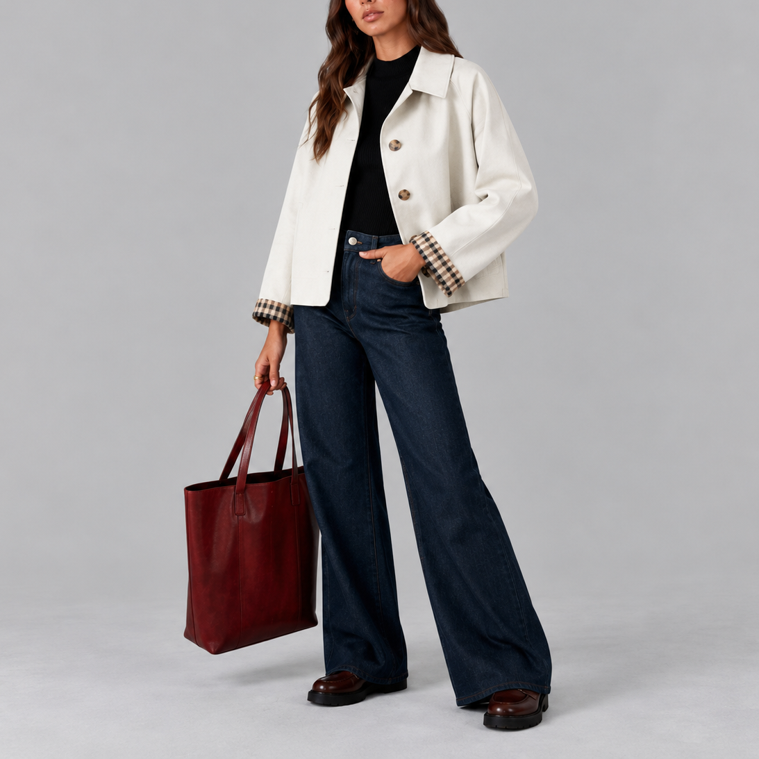 Cropped Trench Jacket Women's Cotton Plaid-Lined Button-Up – Casual, Office, Holiday