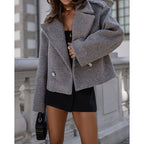 Cropped Wool Blend Coat Women's White Double-Breasted Lapel Jacket – Casual, Office