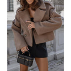 Cropped Wool Blend Coat Women's White Double-Breasted Lapel Jacket – Casual, Office