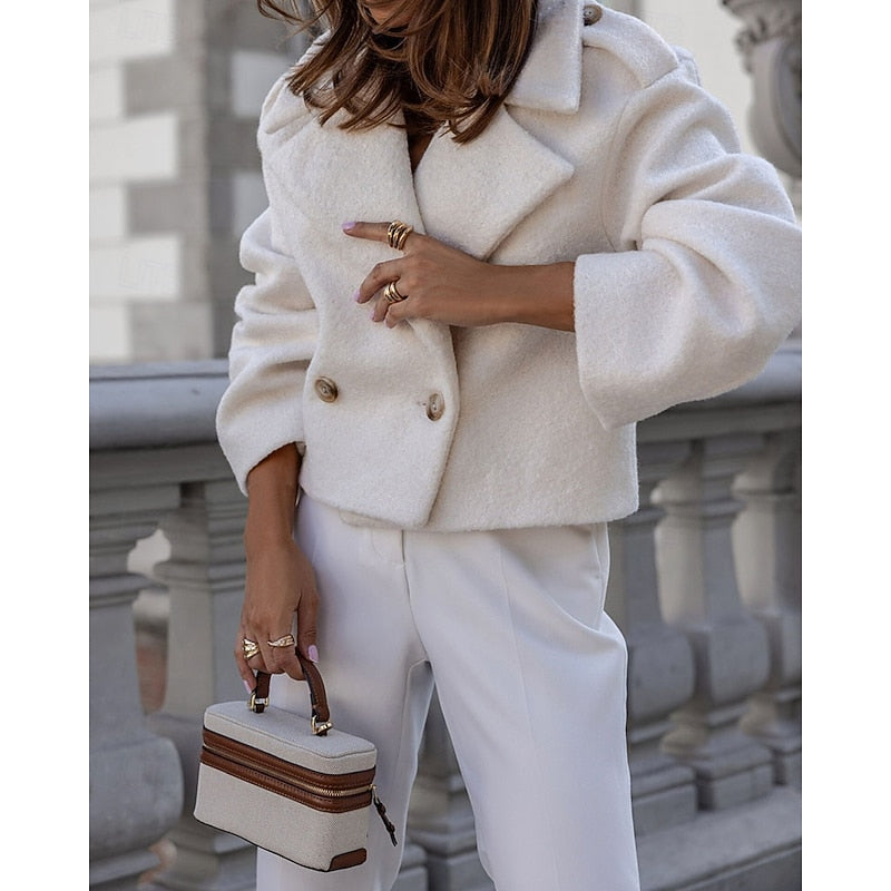 Cropped Wool Blend Coat Women's White Double-Breasted Lapel Jacket – Casual, Office