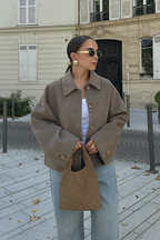 Cropped Wool Jacket Women's Taupe Boxy Button-Up Collared Coat – Casual, Office, Holiday, Gift