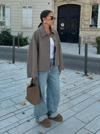 Cropped Wool Jacket Women's Taupe Boxy Button-Up Collared Coat – Casual, Office, Holiday, Gift
