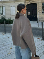 Cropped Wool Jacket Women's Taupe Boxy Button-Up Collared Coat – Casual, Office, Holiday, Gift