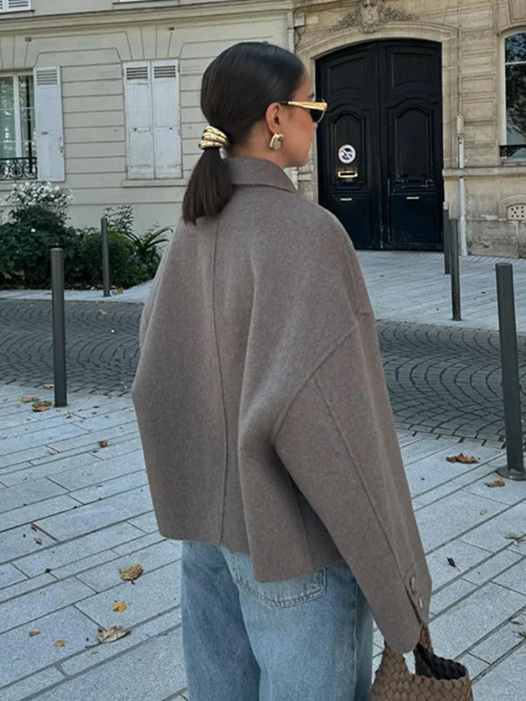 Cropped Wool Jacket Women's Taupe Boxy Button-Up Collared Coat – Casual, Office, Holiday, Gift