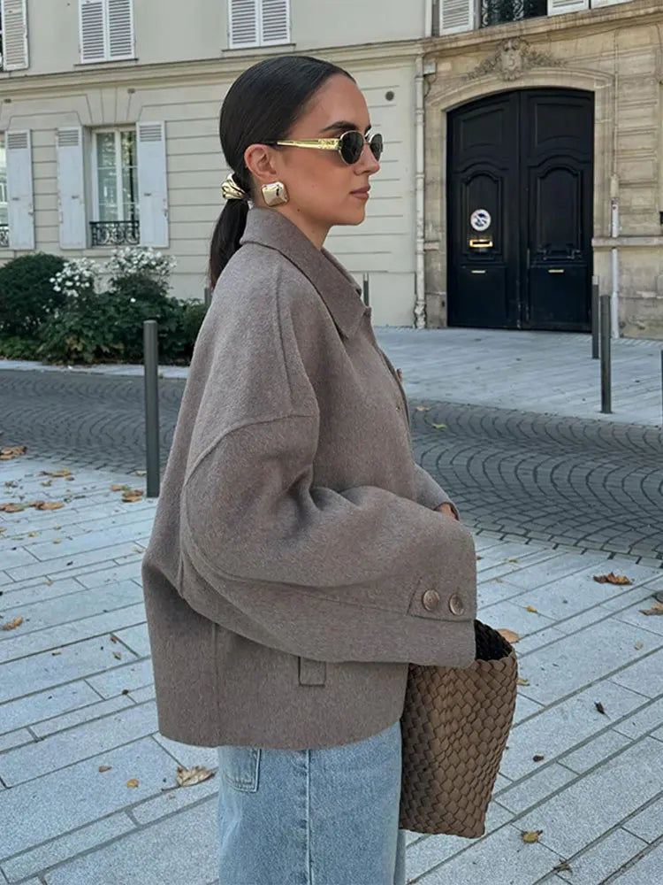 Cropped Wool Jacket Women's Taupe Boxy Button-Up Collared Coat – Casual, Office, Holiday, Gift