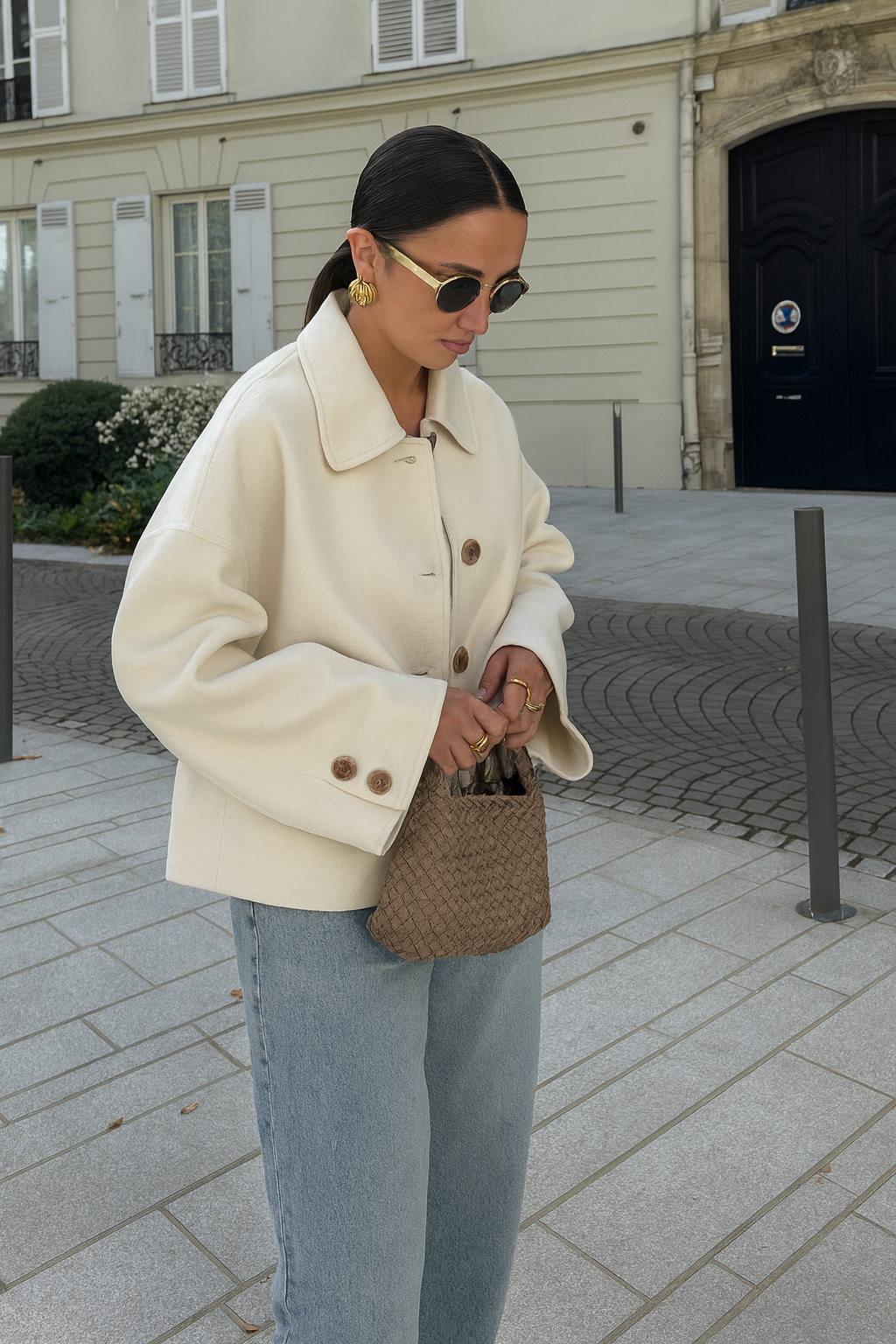 Cropped Wool Jacket Women's Taupe Boxy Button-Up Collared Coat – Casual, Office, Holiday, Gift