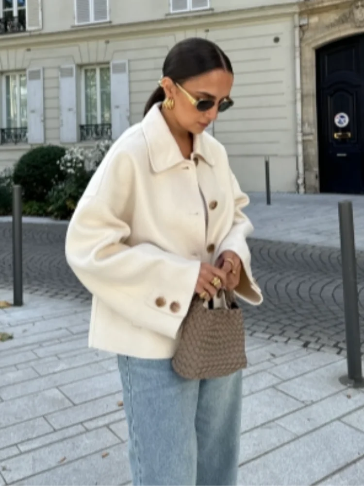 Cropped Wool Jacket Women's Taupe Boxy Button-Up Collared Coat – Casual, Office, Holiday, Gift