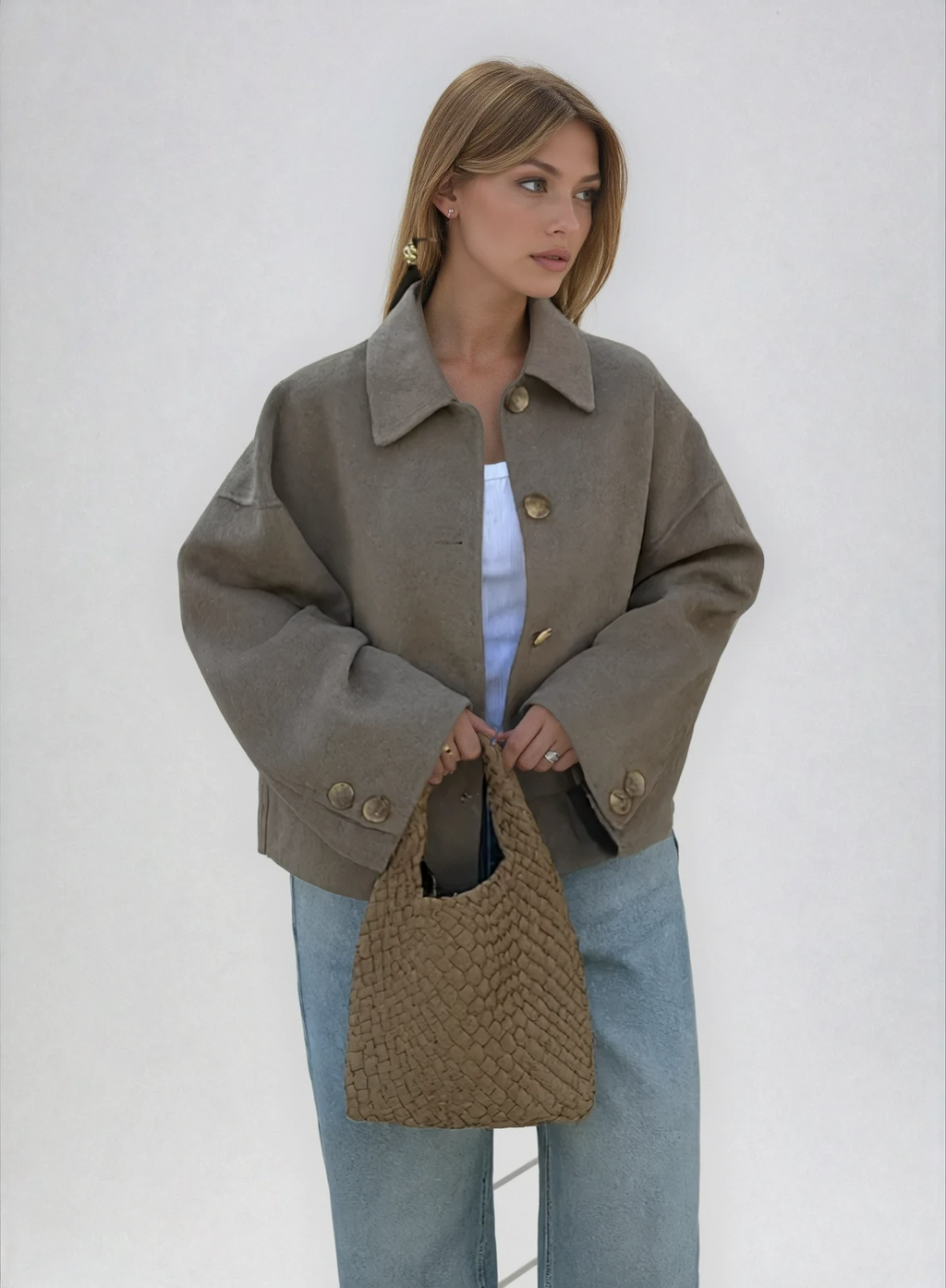 Cropped Wool Jacket Women's Taupe Boxy Button-Up Collared Coat – Casual, Office, Holiday, Gift