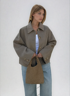 Cropped Wool Jacket Women's Taupe Boxy Button-Up Collared Coat – Casual, Office, Holiday, Gift
