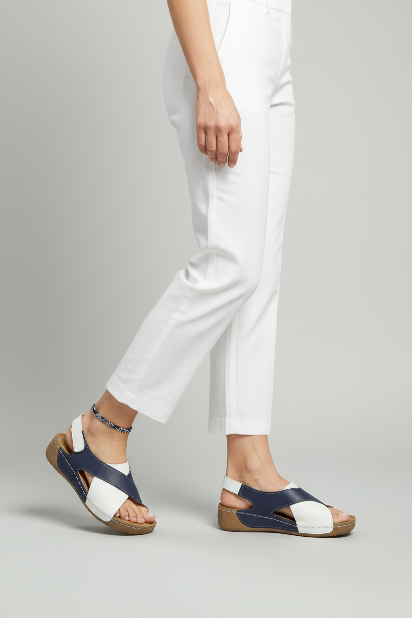 Cross-Strap Wedge Sandals Navy White Women's Cushioned Sole Adjustable – Casual, Holiday