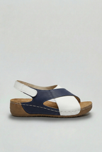 Cross-Strap Wedge Sandals Navy White Women's Cushioned Sole Adjustable – Casual, Holiday