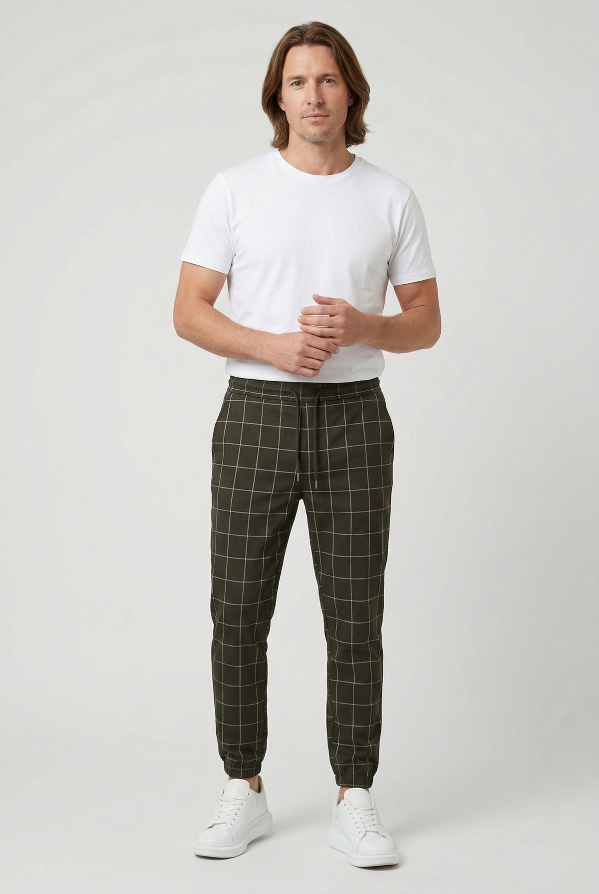 Cuffed Jogger Trousers Checked Charcoal Men's Drawstring Waist – Casual, Office · Werune