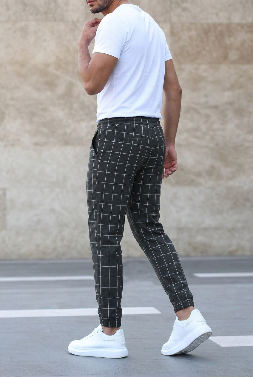 Cuffed Jogger Trousers Checked Charcoal Men's Drawstring Waist – Casual, Office · Werune