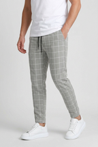 Cuffed Jogger Trousers Checked Charcoal Men's Drawstring Waist – Casual, Office · Werune