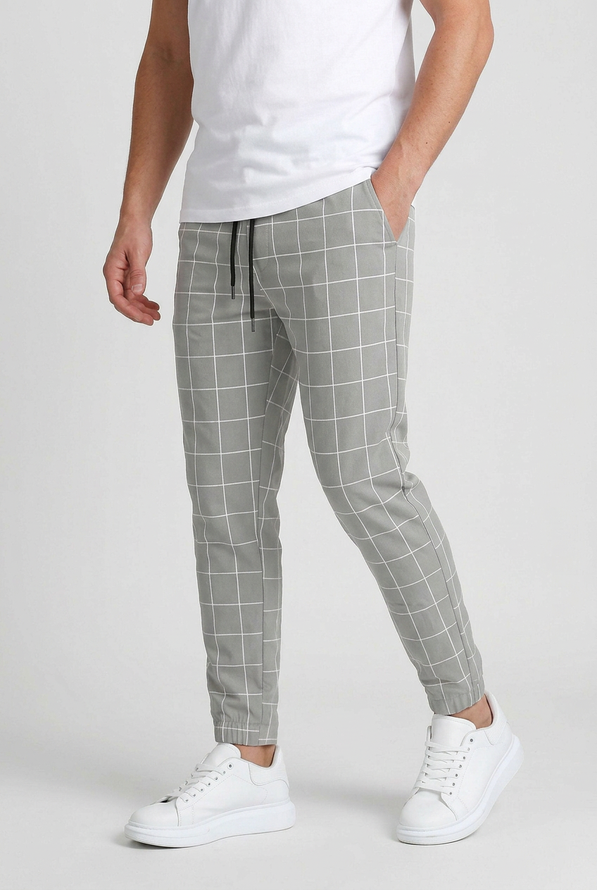 Cuffed Jogger Trousers Checked Charcoal Men's Drawstring Waist – Casual, Office · Werune