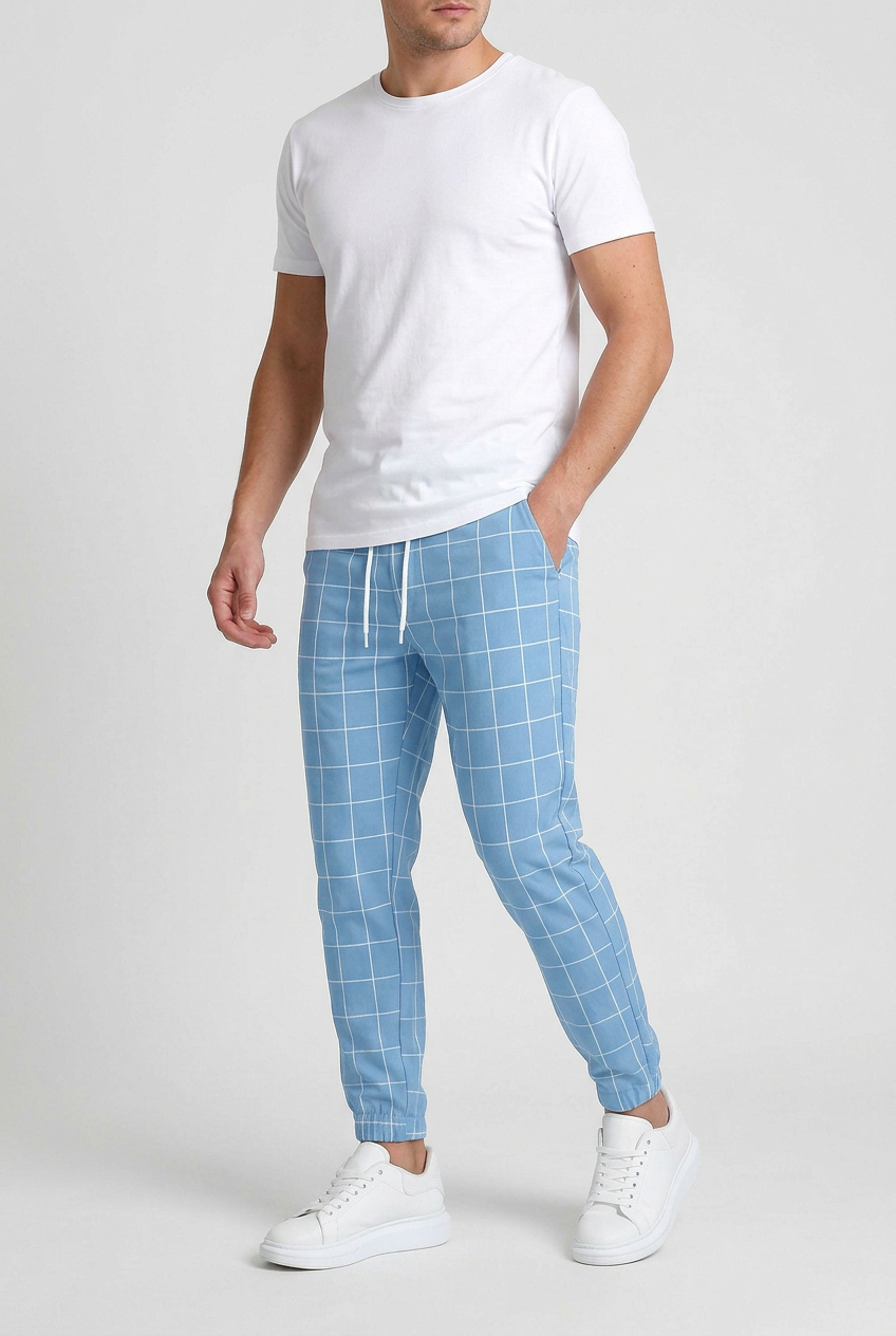 Cuffed Jogger Trousers Checked Charcoal Men's Drawstring Waist – Casual, Office · Werune