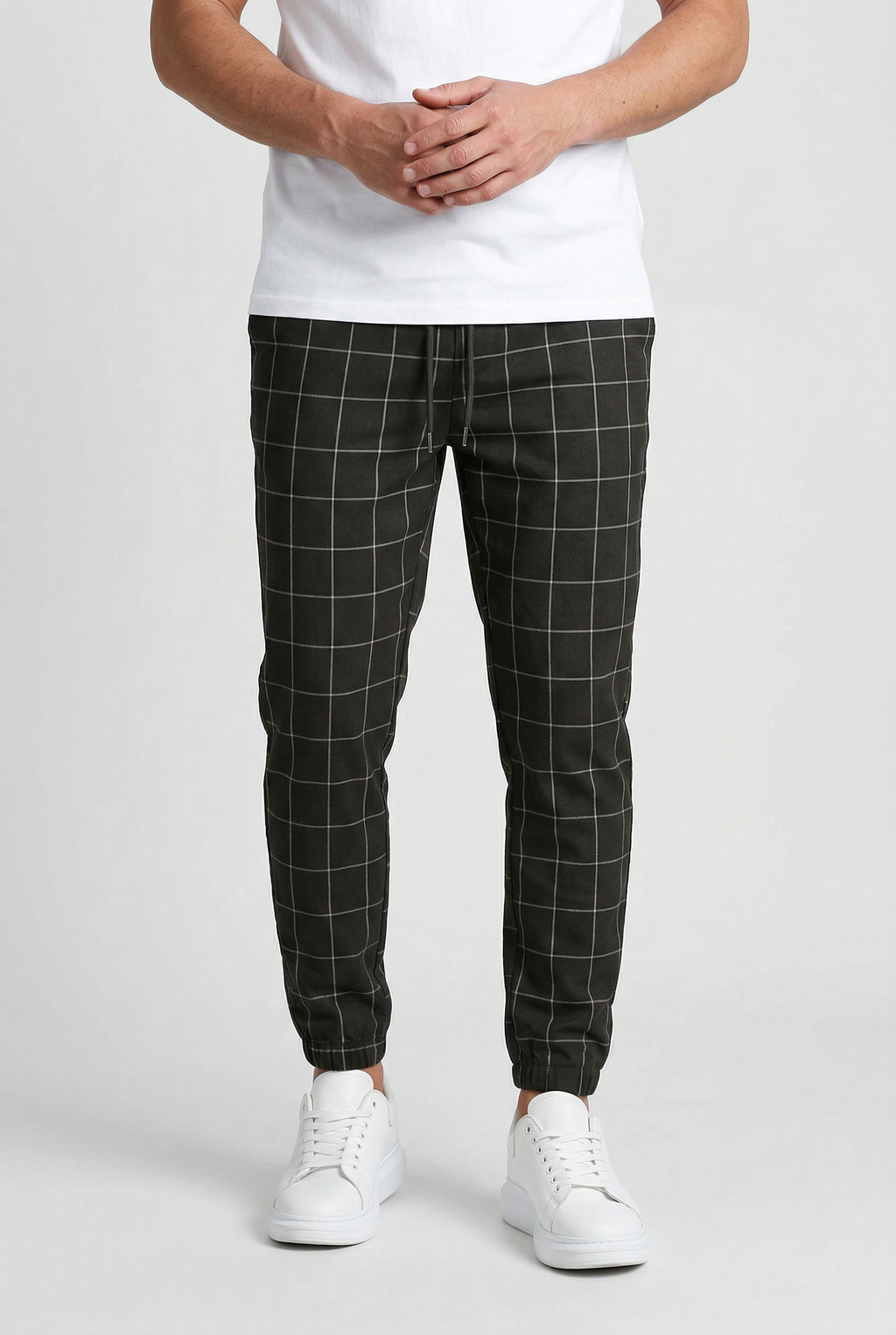 Cuffed Jogger Trousers Checked Charcoal Men's Drawstring Waist – Casual, Office · Werune