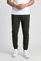 Cuffed Jogger Trousers Checked Charcoal Men's Drawstring Waist – Casual, Office · Werune