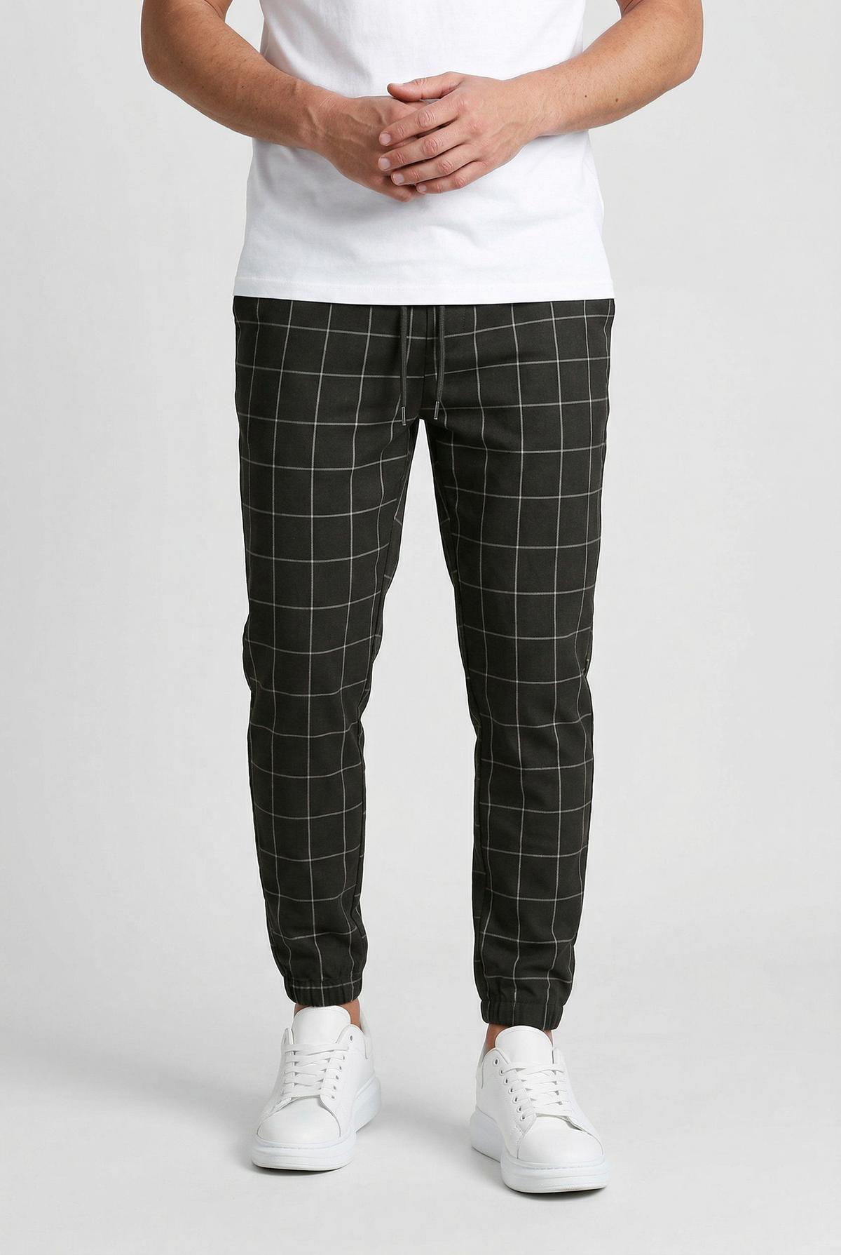 Cuffed Jogger Trousers Checked Charcoal Men's Drawstring Waist – Casual, Office · Werune