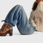 Denim Balloon Trousers Light Wash Women's Drawstring Cuff Harem Jeans – Casual, Holiday