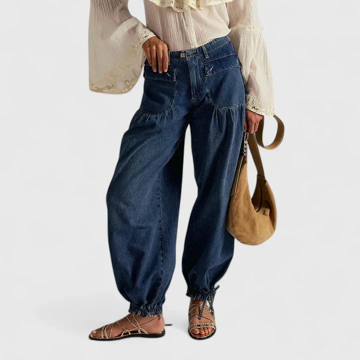 Denim Balloon Trousers Light Wash Women's Drawstring Cuff Harem Jeans – Casual, Holiday